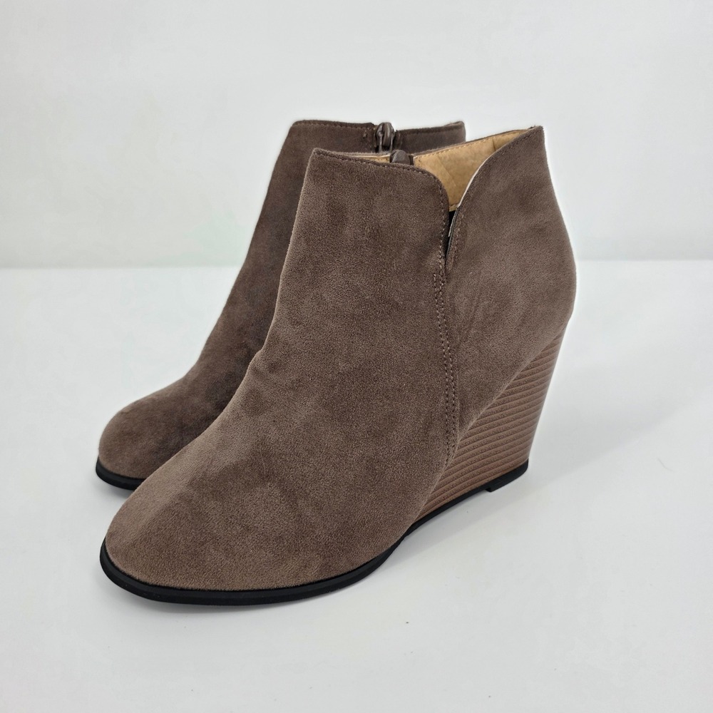 Womens Wedge Heel Ankle Boots Booties‎ Taupe Side Zip Casual Comfort